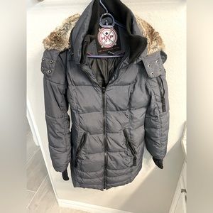 Halifax Size Small Blue with gray down jacket.. tight fitting super cute